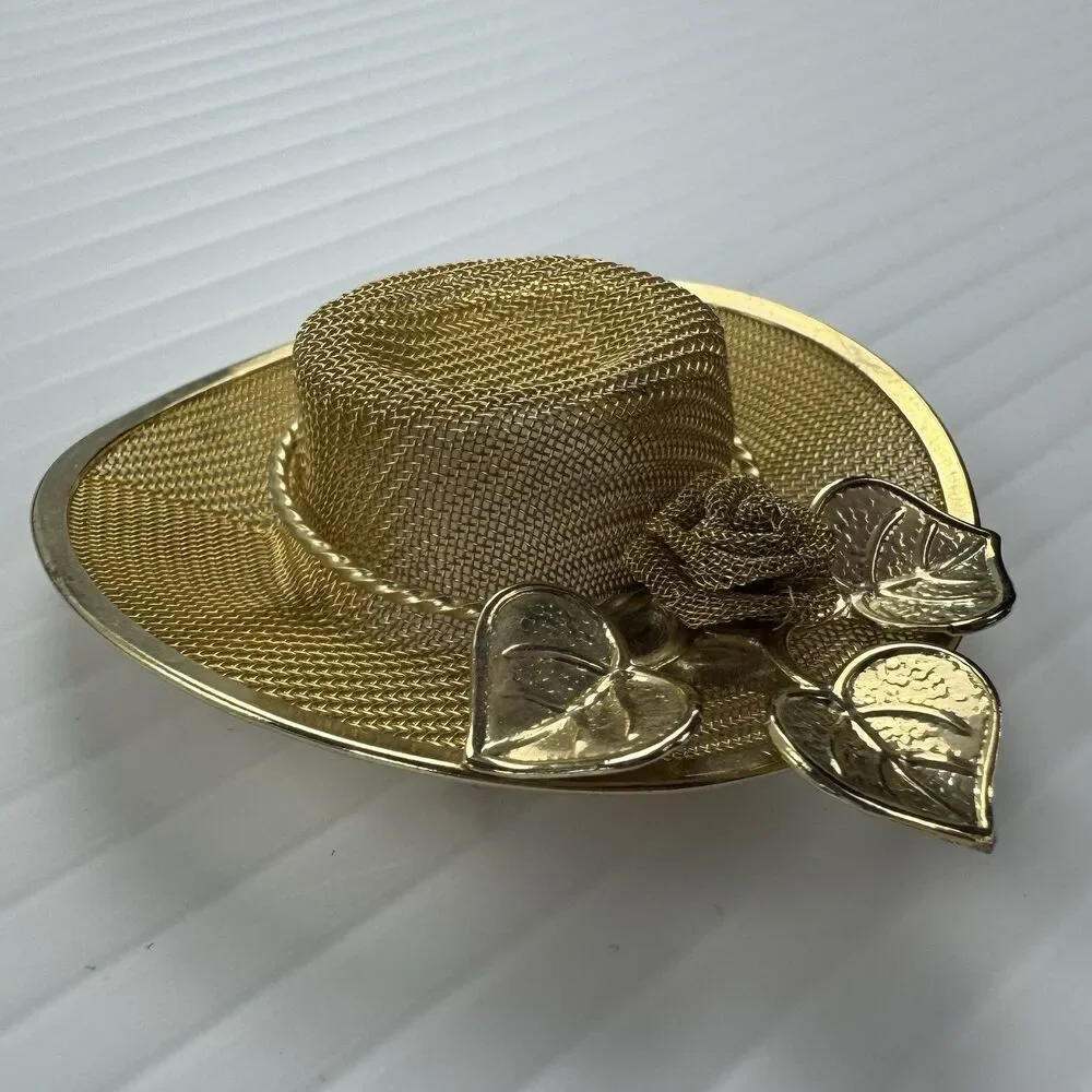 Vintage Gold Tone Mesh Hat Brooch Pin Floral Leaves Statement Retro